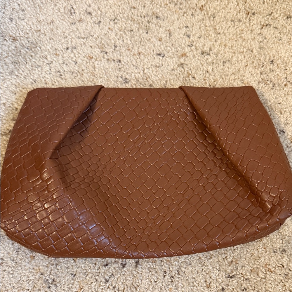 12”X2”Dx8”H brown faux woven leather magnet closure pouch/clutch w/lining